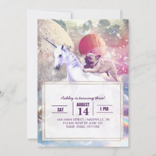 Regenboog galaxy pug rijden eenhoorn in de ruimte. kaart
