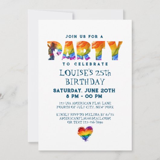 Regenboog gekleurde brieven verjaardagsfeestje kaart (Voorkant)