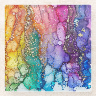 REGENBOOG GEKLEURDE & GOUDEN VLOEIBARE LOOK TEXTUU GLAZEN ONDERZETTER