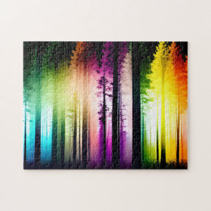 Regenboog gekleurde mist in zwart Silhouet Forest Legpuzzel