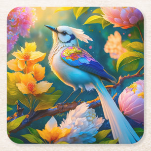 Regenboog gevleugelde Jay Fantasy Bird Vierkante Kartonnen Onderzetter