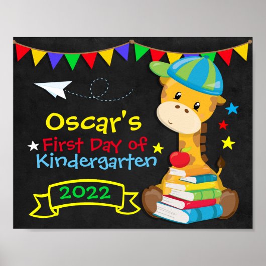 Regenboog Giraffe Eerste Dag Van School Schoolbord Poster (Voorkant)