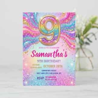 Regenboog Glitter 9e Verjaardagsfeestje Kaart