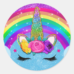 Regenboog Glitter Eenhoorn Hoorn Gezicht Feestje Ronde Sticker