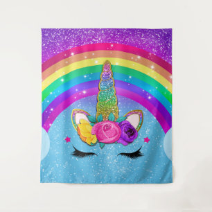 Regenboog Glitter Eenhoorn Hoorn Gezicht Meisjes Wandkleed