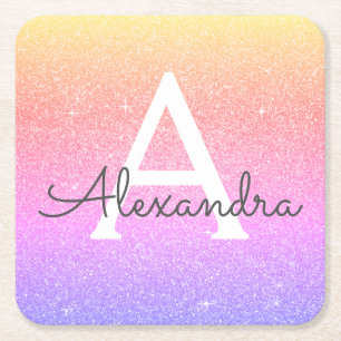 Regenboog Glitter & Sparkle Monogram Verjaardag Vierkante Kartonnen Onderzetter