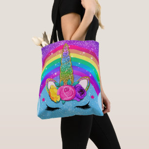 Regenboog Glitterende Eenhoorn Hoorn Gezicht Meisj Draagtas
