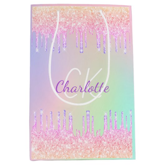 Regenboog glitters druppels roze monogram luxe medium cadeauzakje (Voorkant)