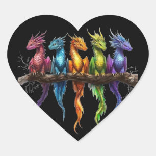 Regenboog groep baby draken op zwart hart sticker