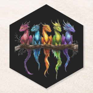 Regenboog groep baby draken op zwart kartonnen onderzetters