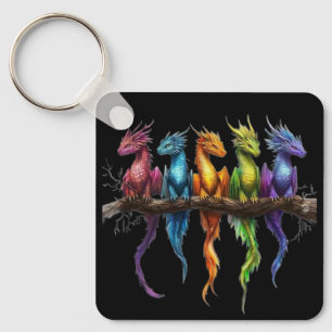 Regenboog groep baby draken op zwart sleutelhanger