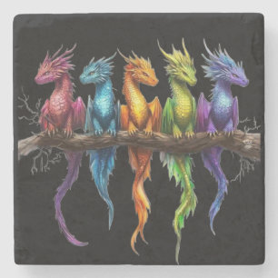 Regenboog groep baby draken op zwart stenen onderzetter