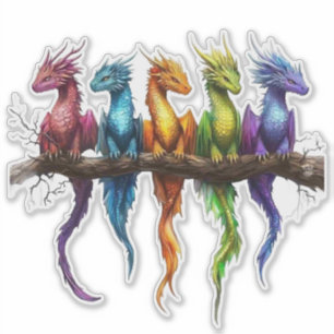 Regenboog groep baby draken op zwart sticker