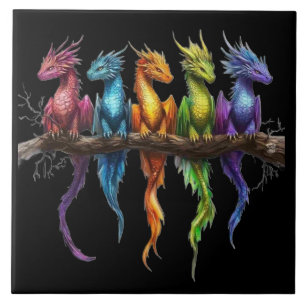 Regenboog groep baby draken op zwart tegeltje
