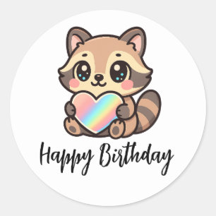 Regenboog Hart Gelukkig Kawaii Wasbeer Verjaardag Ronde Sticker
