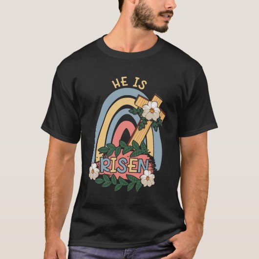 Regenboog Hij Risen Religieuze Paaszondag Christus T-shirt (Voorkant)