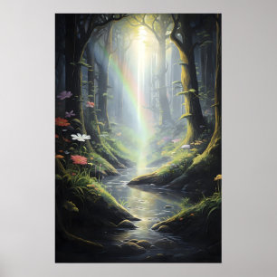 Regenboog in Magisch Woud, Donkergroen Woud Met Poster
