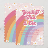 Regenboog Jong Wild en Zes 6e Verjaardag Uitnodigi Kaart (Voorkant / Achterkant)