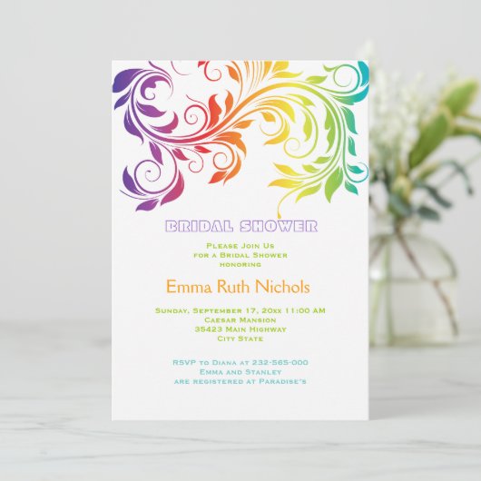 Regenboog kleuren scroll blad bruiloft vrijgezelle kaart (Staand voorkant)