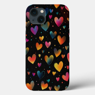 Regenboog Kleurige Hartjes Sfeer Achtergrond Zwart iPhone 13 Hoesje