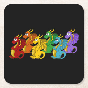 Regenboog kleurrijke draken cartoon vierkante kartonnen onderzetter