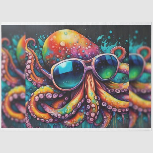 Regenboog Kleurrijke Octopus met Zonnebril Decoupa Tissuepapier (Voorkant)