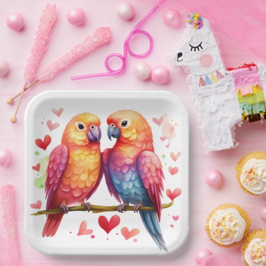 Regenboog Lovebirds Papieren Bordje (Feest)