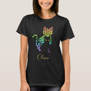 Regenboog Luipaardprint Kat Silhouet & Zwarte Kitt T-shirt