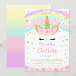 Regenboog met roze bloemen Eenhorn Uitnodiging