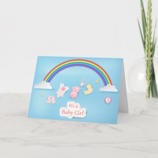 Regenboog met speelgoed douche baby meisje kaart (Voorkant)
