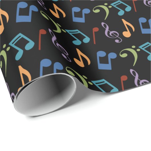 Regenboog Muzieknoten (zwarte achtergrond) Cadeaupapier (Rol Hoek)