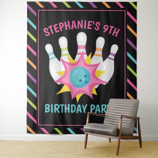 Regenboog Neon Bowling Verjaardagsfeest Foto Achte Wandkleed (In situ)