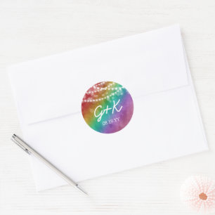 Regenboog Ombre Slingerlichten Monogram HBT Huweli Ronde Sticker
