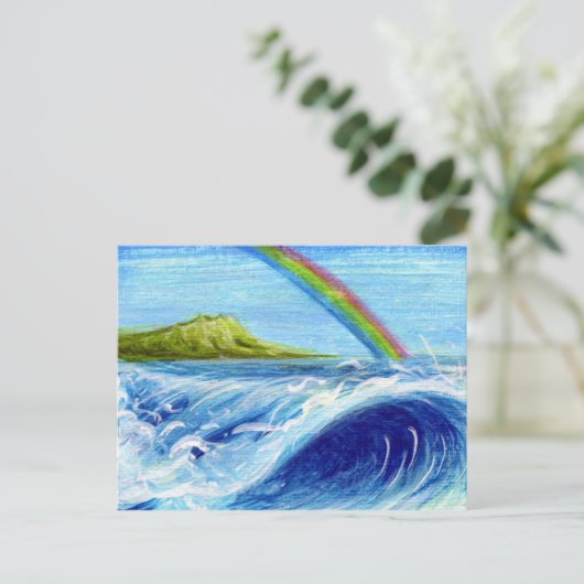 Regenboog over Daimond Head en Wave Briefkaart (Staand voorkant)