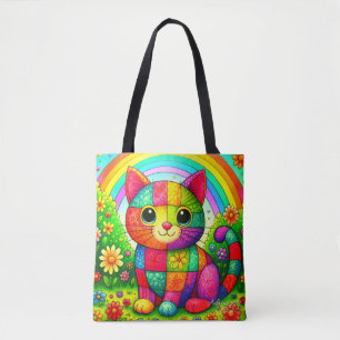 Regenboog Patchwork Kat Kunst Draagtas