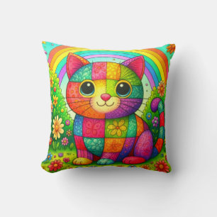 Regenboog Patchwork Whimsical Kleurrijke Kat Kussen