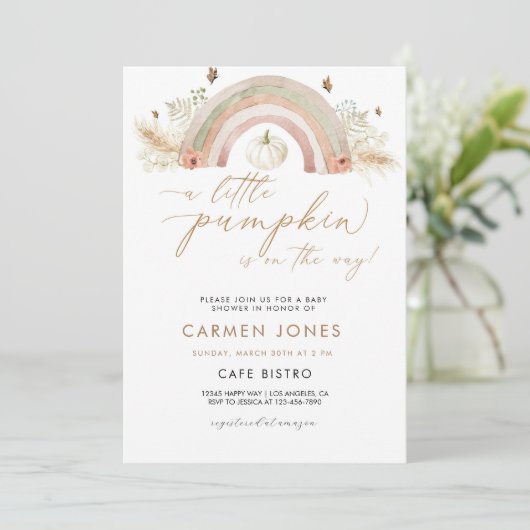 Regenboog Pompoen Baby Shower Uitnodiging Herfst N (Staand voorkant)