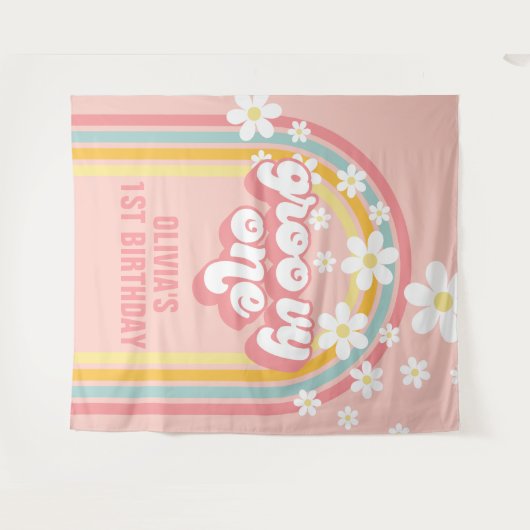 Regenboog Retro Groovy Een 1e Verjaardag Wandkleed (Voorkant (horizontaal))