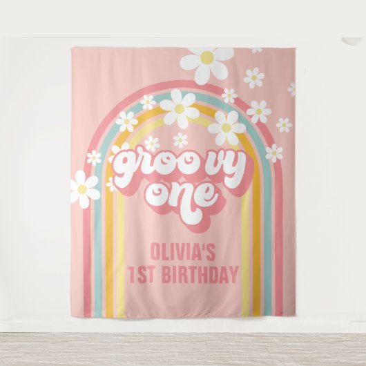 Regenboog Retro Groovy Een 1e Verjaardag Wandkleed (Voorkant)