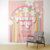 Regenboog Retro Groovy Eerste Verjaardag Wandkleed (In situ)