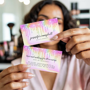 Regenboog roze holografische glitter druppels make visitekaartje