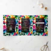 Regenboog Rozen Zwart & Wit Levendig Bloemen Huwel Drieluik Uitnodiging (Binnen)