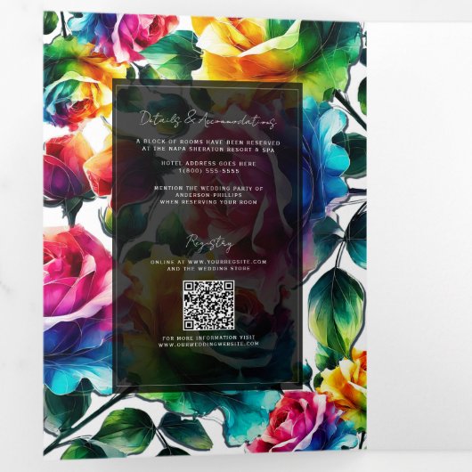 Regenboog Rozen Zwart & Wit Levendig Bloemen Huwel Drieluik Uitnodiging (Binnenzijde eerst)