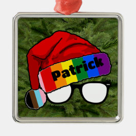 Regenboog Santa Hoed met Bril Metalen Ornament