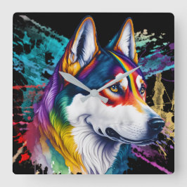 Regenboog Siberische Husky Waterverf Vierkante Klok