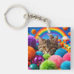 Regenboog Speeltijd Kitten Schattige Tabby Kat Sleutelhanger