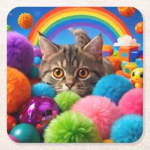 Regenboog Speeltijd Kitten Schattige Tabby Kat Vierkante Kartonnen Onderzetter