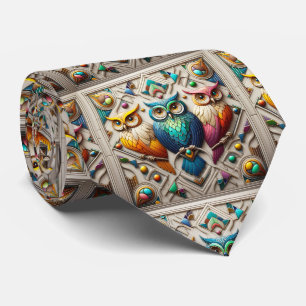 Regenboog Uil Art Deco Heren Das – Zwart, Wit & Go