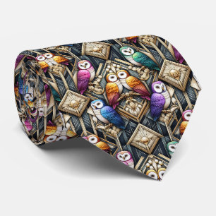 Regenboog Uil Art Deco Heren Das – Zwart, Wit & Go