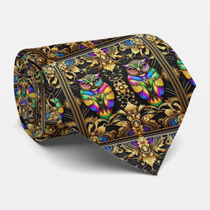 Regenboog Uil Art Deco Heren Das – Zwart, Wit & Go
